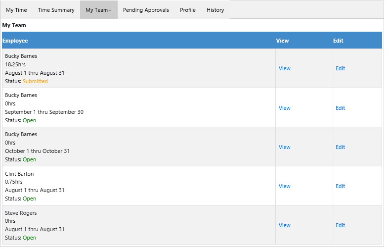 Example of the My Team tab.
